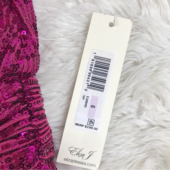 ELIZA J Hot Pink Sequin Long Sleeve Mini Dress Formal Cocktail Party‎ Size 6 New - Picture 9 of 15